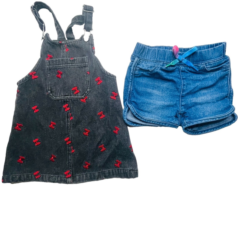 Disney Minnie Mouse Overall Dress & Vigoss Shorts Lot 3T 4T Black Denim Bow Set
